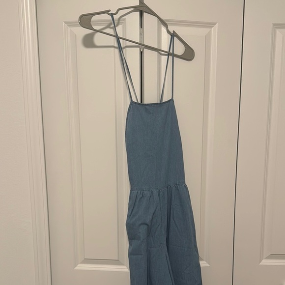 Light Denim Halter Tie Jumpsuit w/ Pockets - Picture 1 of 6